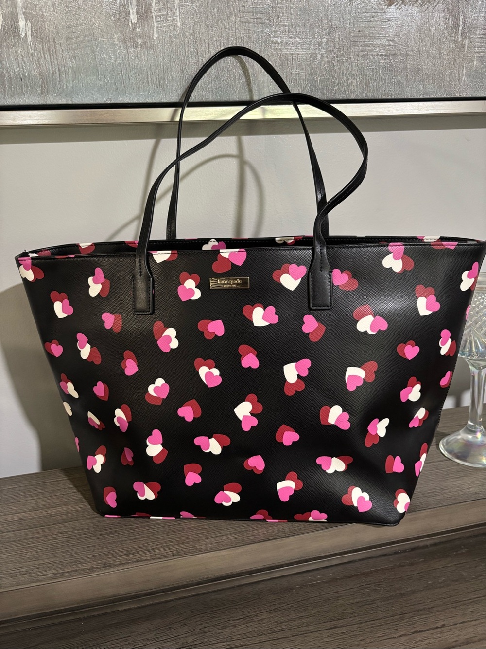kate spade Black Heart-Print Tote with Pink, White and Burgundy Hearts